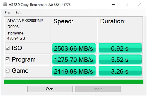 ADATA XPG SX8200 Pro ASX8200PNP-512GT-Cのベンチマーク結果(AS SSD Benchmark Copy)