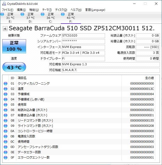 Seagate BarraCuda 510 SSD M.2 512GBのSMARTをCrystalDiskInfoで表示した様子