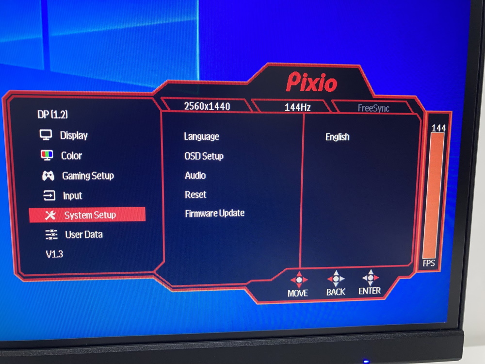 Pixio PX278のOSDメニュー(System Setup項目)