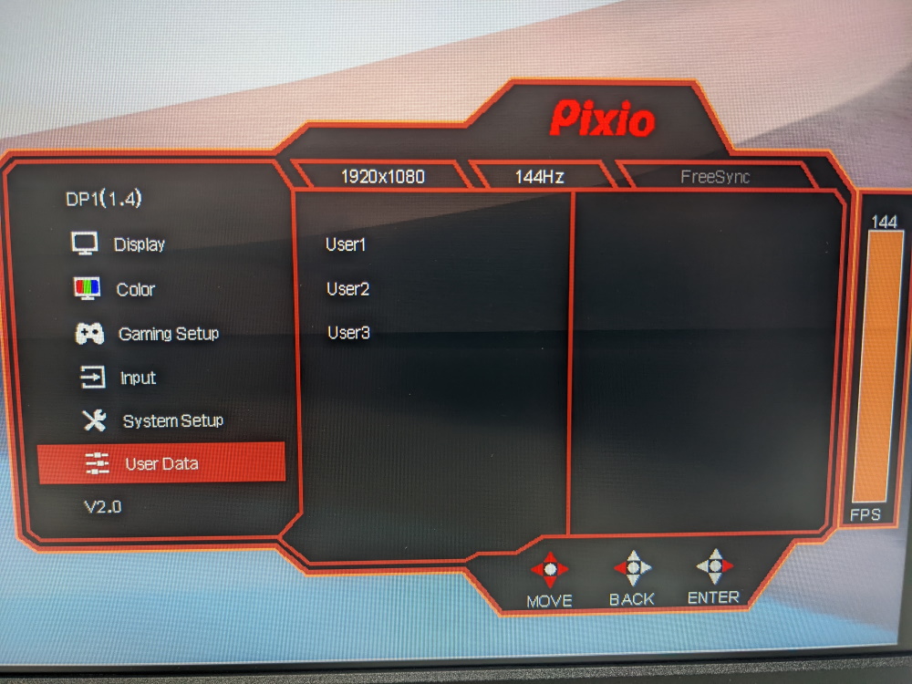 Pixio PX248 Prime AdvancedのOSDメニュー(User Data)